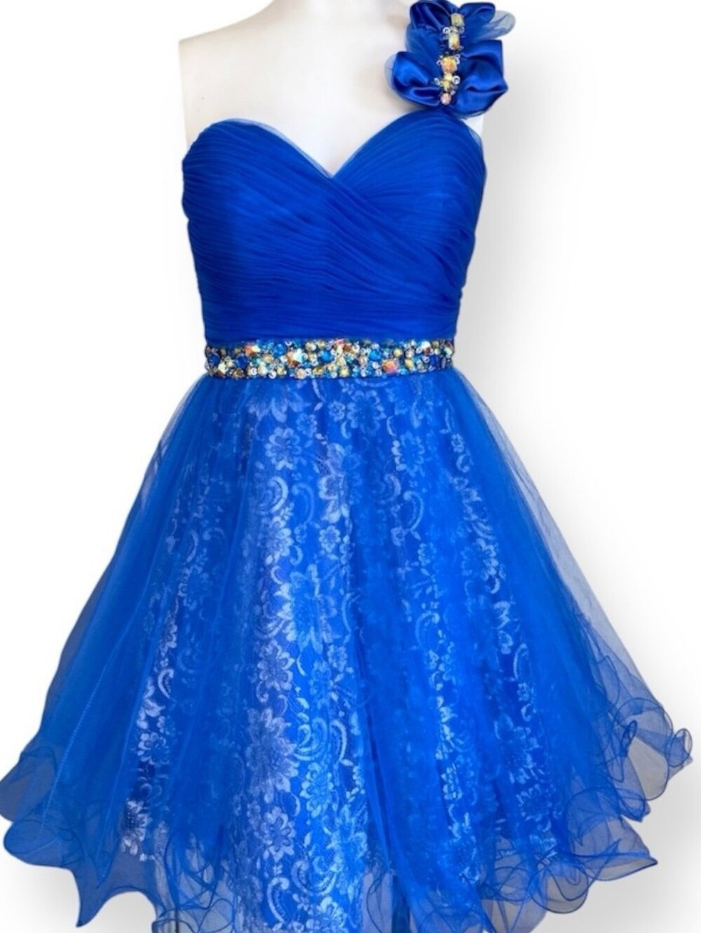 Cinderella Bright Blue One-Shoulder Mini Dress with Beaded Waist